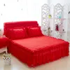 Katoenen kant meisjes prinses beddengoed sets blauw roze beige paarse bed rok set bed spreiding koning / queen / volledige dubbele maat kussenslopen