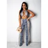 Two Piece Set Women's Halter Collar Hollow Out Crop Tops and High Waist Snake Print Pants Outfits Club Party Wear Summer 2019