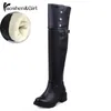 Hot Sale-Storlek15 30-52 Kvinnor Flat Over Knee Boots Vinter Snö Lång Boot Ridning Rivet Spänne Mjuka Läder Skor Kvinnor Stövlar