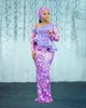 Akşam Mor Nijeryalı Afrika Aso Ebi Dantel Stilleri Omuz Kapalı Peplum Kabarık Uzun Kollu Denizkızı Prom Elbiseler Resmi Gowns