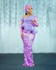 Avond Paars Nigeriaanse Afrikaanse Aso Ebi Kant Stijlen Off Schouder Peplum Puffy Lange Mouwen Zeemeermin Prom Jurken Formele Gowns