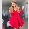 2020 New Red Satin Long Sleeve Homecoming Dresses Off the Shoulder 8th Grade Short Prom Dresses Cheap Ruffles Cocktail Party Gowns For Teens