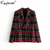 Vintage Double Breasted Frayed Checked Tweed Blazers Coat Women 2019 Fashion Pockets Plaid Ladies Outerwear Casual Casaco Femme C18122401