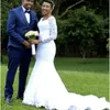 Vestidos de novia de sirena de encaje de manga larga africana 2020 Escote redondo Fruncido Tren de barrido Vestidos de novia de boda batas de mari￩e con botones