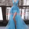 Seksi V Yaka Mavi 2k19 Dubai Gelinlik Modelleri Dantel Aplike Yüksek Bölünmüş Dedi Mhamad Artı Boyutu Uzun Parti Vestido de fiesta Ucuz Abiye giyim