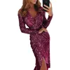 Sexy New Genou Longueur Robes De Cocktail 2019 V Cou À Manches Longues Court Modeste Plein Paillettes Arabe Prom Party Robes De Soirée Pas Cher