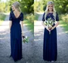 Elegant Summer Garden Bridesmaid Dresses For Weddings Navy Blue Chiffon Short Sleeves Illusion Lace Long Boho Maid of Honor Gowns Custom