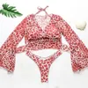 2020 sexy três peças conjunto de biquíni sino manga biquíni cobrir banho feminino maiô impressão maiô beachwear natação suit8877806