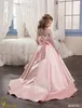 Erröten rosa Blumenmädchenkleider Satin Kinder Abendkleider mit langen Ärmeln Perlen Ballkleid Mädchen Pageant Kleider nach Maß
