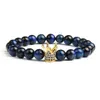 Ny design blå CZ Crown Mens Beaded armband grossist 10st / mycket naturlig färg tiger eye lava sten pärlor svart cz kron armband armband