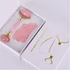 Естественный Розовый кристалл Jade Валик двойной головкой розовый кварц массаж роликовый Реальный камень для лица Массажер Guasha Набор инструментов с коробкой K1009