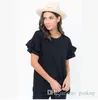 Hot style new round collar loose pure color T - shirt double - sleeve wooden ear lace blouses with simple undercoat, breathable and casual.