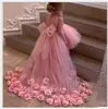 素敵なピンクの花のドレスプリンセスハイネックハンドメイドフラワーズチュールノースリーブビッグボウキッズバースデーガール