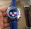 Luksusowy Zegarek Stalowy Bezel Niebieska Skórzana Bransoletka Kwarcowy Chronograph 44mm Niebieski Dial Oglądaj Mężczyźni Watch Wristwatch