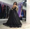 Custom Spaghetti Lace Long Split Lovertjes Prom Jurken 2022 Diepe V-hals Backless Sweep Train Formele Avond Feestjurken