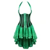 Women Burlesque Corset Skirt Set Club Party Dancing Outfit Green Overbust Corset with Flocked Hi-lo Skirt Plus Size S-6XL Corset Dress