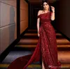 New surpreendente Burgundy Lantejoulas Vestidos Off Shoulder Side Dividir lantejoulas sereia Formal Party Dress Prom Vestidos Vestidos De Soiree