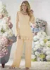 Vintage Long Sleeves Chiffon Mother of the Bride Suits Lace Applique Top Pants Floor Length Formal Party Mother Dresses