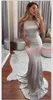 Серебряные вечерние платья без спинки с русалкой и блестками с атласным вырезом с круглым вырезом Арабский костюм для вечеринок плюс размер Вечерние платья для выпускного вечера Mhamad Robe de Soirée