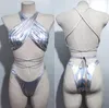 Seksi Deri Parlak Tanga Bikini Kadınlar Bandeau Mayo Yüksek Boyun Mayo Kadın Brezilyalı Bikini Set Halter Mayo
