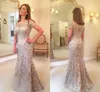 2022 Sparkly Formal Mermaid Brudens brudklänningar Sheer Neck Kortärmad Lace 3D Blommor Blommor Appliques Zipper Back Plus Size Party Evening Gowns