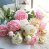 3 Köpfe weiße Rosenblüten, künstliche Blumen, Pfingstrosen, Blumenstrauß, Seidenblumen, rot, rosa, blau, gefälschte Blumen, Neujahr, Hochzeit, Heimdekoration