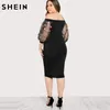 2019 Schwarz Plus Size Party Sommerkleid die Schulter Bleistiftkleid bestickt Mesh Ärmel große Größen Sexy