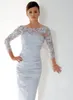 Plus Size Short Mother Of The Bride Dresses With 3/4 Sleeves Knee Length Lace Appliques Pleats Ruched Women Formal Silver Evening Gowns