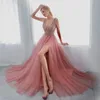 Deep V-Neck Evening Dresses Dusty Pink Formal Prom Dresses Evening Wear Sexy Beaded Party Pageant Dress