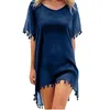 Casual Suknie Est Style Kobiety Plażowe Tassels Swimsuit Cover Up Swimwear Pareo Tampa Lato Mini Luźna Solid Sukienka UPS1