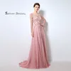 Chiffong en linje rosa prom klänningar pläterad i lager lyx fest klänning långa ärmar lx051
