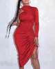 One Shoulder Drawstring Ruched Dress Women Irregular Long Sleeve Midi Party Sexy Bodycon Dresses Summer 20221