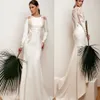 Julie Vino 2020 Evening Dresses Jewel Long Sleeves Appliques Satin Prom Gowns Button Back Sweep Train Mermaid Special Occasion Dress