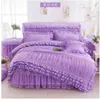 Różowa Księżniczka Koronkowa Pościel Zestawy Queen King Miękki Łóżko Spódnica Ruffles Solid Color Duvet Pokrywa Prześcieradła Poszewki 4 sztuk Łóżko Zestaw Home Textile