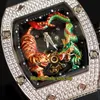 Eternity Watches ZF 51-01 V2 버전 Real Tourbillon Mechanical 3D Dragon Tiger Totem Gold Dial RM51-01 Michelle Yeoh Mens 시계 아이디 아웃 다이아몬드 케이스 고무 스트랩