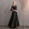 Vestido largo de dama de honor de satén con mangas y bordado de encaje, vestidos de fiesta de boda negros, vestidos de noche largos hasta el suelo