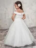 2022 White Flower Girl Dress Ball Gown Off The Shoulder Lace Top Sash Zipper Floor Length Organza Puffy Kids Girls Dresses For Wedding