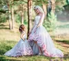 Sexy Mother And Daughter Evening Dresses Gray Tulle 3D Pink Flowers Strapless High Low Length Plus Size Arabic Party Dress Formal Prom Gowns