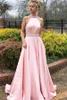 Gorgeous Light Blush Pink Prom Dress 2019 Halter Neckline Open Back A Line Diamonds Rhinestones Beading Elegant Evening Formal Dresses 2019