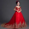 Röd guld applique tjejer pageant klänningar 2021 av axel kristall pärlor handgjorda blommor blomma tjej klänningar först helig gemenskapsklänning
