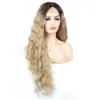Ombre raízes escuras loira perucas dianteiras do laço para mulher 134 sintético longo ondulado meio separação natural olhando hair6580051