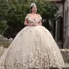 2024 Sexy Luxurious Ball Gown Wedding Dresses Off Shoulder Lace Applique Beads 3D Flowers Illusion V Back Puffy Cathedral Train Bridal Gowns 403