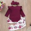 Baby Girl Clothes Solid Romper Headband Flower Pants 3PCS Sets Toddler Girl Outfits Long Sleeve Child Suits Summer Baby Clothing DW5334