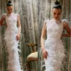 Elegancka biała Syrenka Suknie Wieczorowe Wysokiej Neck Bez Rękawów Prom Sukienka Appliqued Lace Feather Custom Made Długość podłogi Party Suknia Tanie