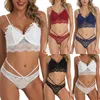Women Eyelash Lace Mesh Floral Bra and Garter Belt with Thong Set Sexy Spaghetti Straps Padded Underwire Cups Bralette with Satin Bows Panty