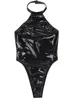 Mulheres Wetlook Sexy Clube PVC Catsuit Swimsuit Halter Backless Collant Bodysuit de Couro de Patente para Festa À Noite Trajes Clubwear