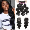 Mèches brésiliennes naturelles Body Wave, cheveux vierges non traités, avec fermeture en dentelle 4*4, partie libre, couleur noire naturelle, lots de 3