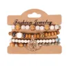 4 pezzi / set di catene di perline di legno della Boemia Bracciali per le donne Albero della vita Metallo Fiore di rosa fascino Perline di legno Braccialetto Gioielli di moda Boho