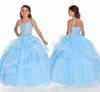 Baby Blue Bling Beading Cristal Girls Girls Pageant Vestidos 2022 Ruffles Bola Vestidos Espaguete Keyhole Back Mini Quinceanera Party Dresses Kids