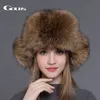 Gours päls hatt för kvinnor naturlig tvättbjörn räv päls ryska ushanka hattar vinter tjock varm öron mode bomber cap svart ny ankomst ly191228